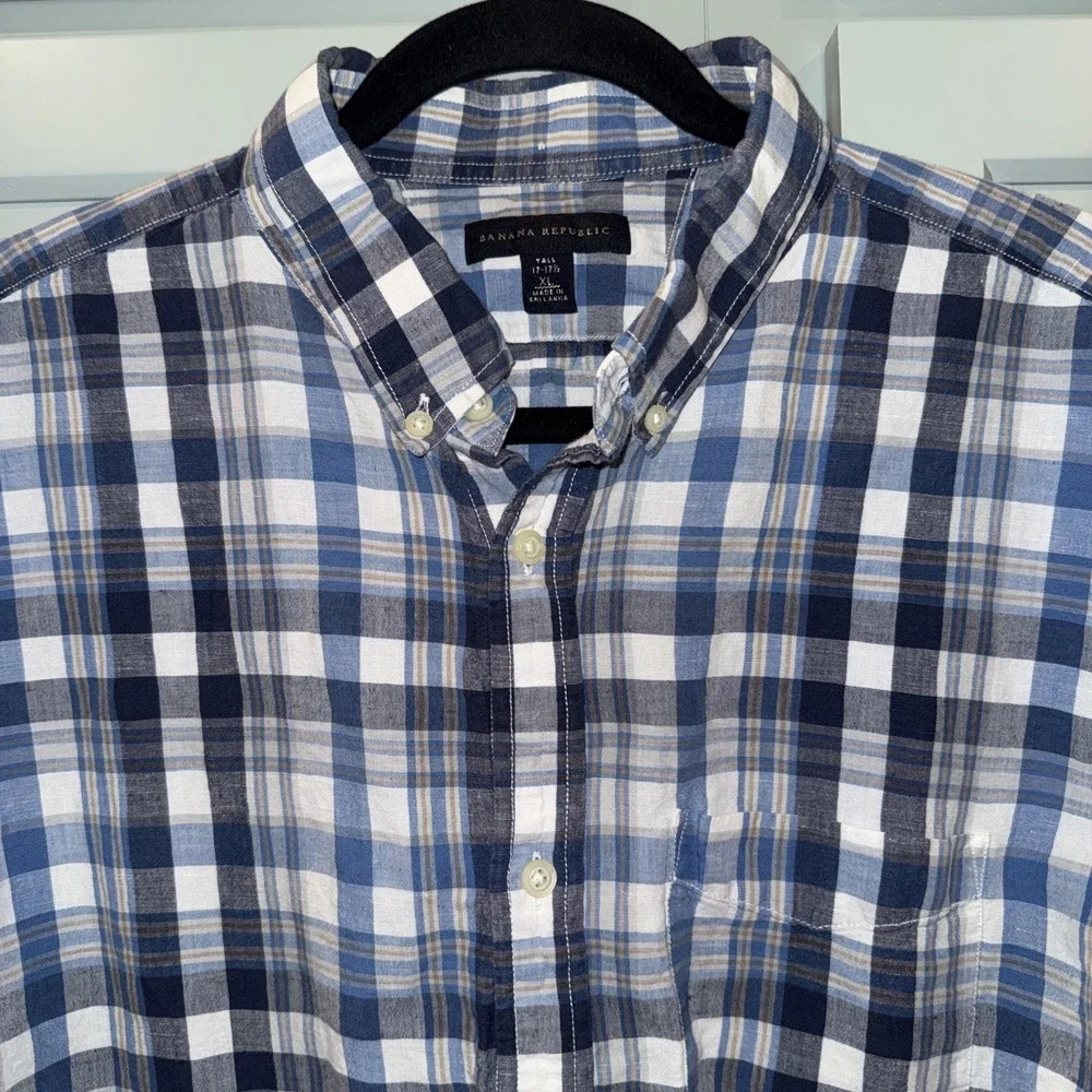 Banana Republic Shirt Men XL Tall Blue Cream Plaid Check Linen Blend Button Down